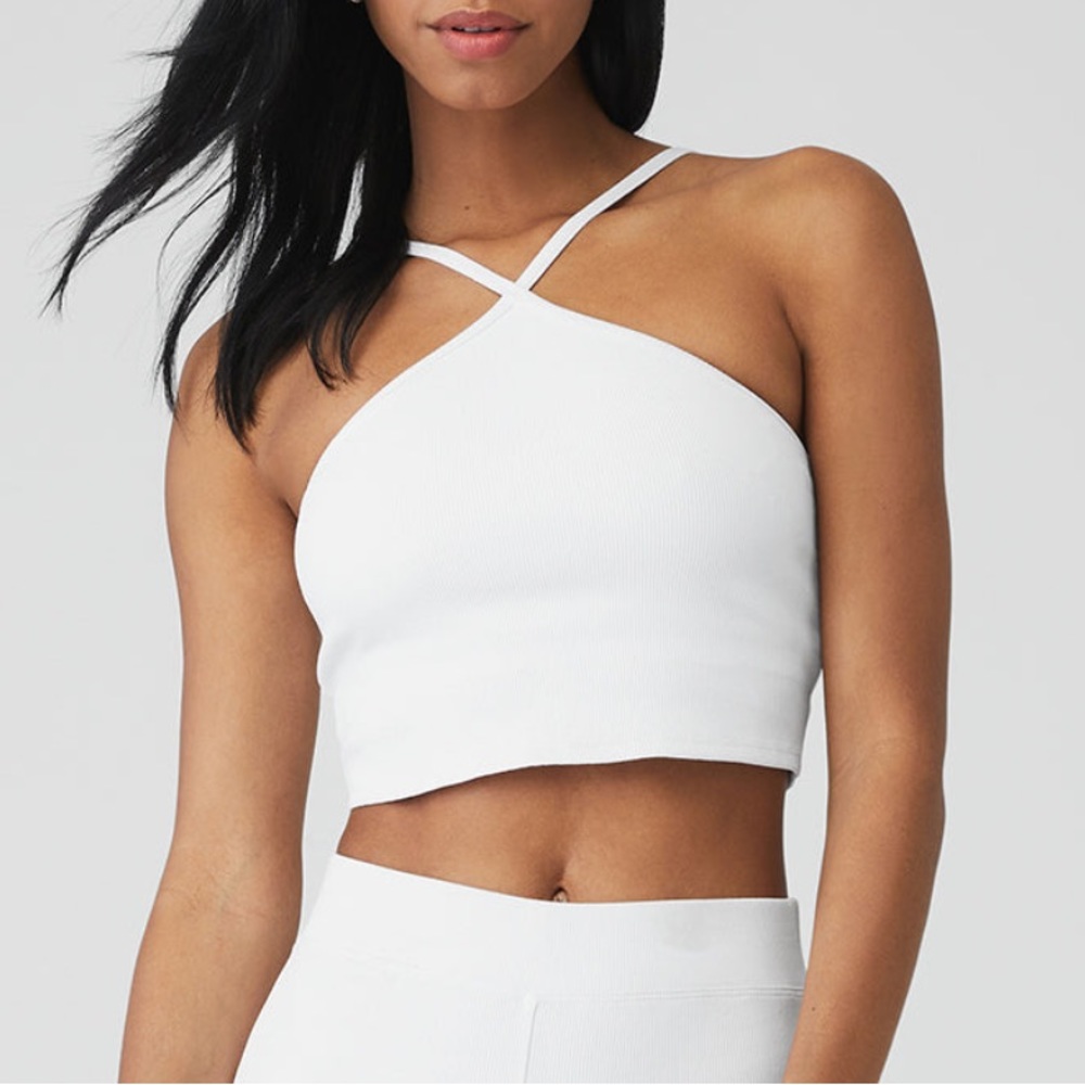 LIKE NEW ALO Goddess Ribbed Cross Crop Top, White, size XS